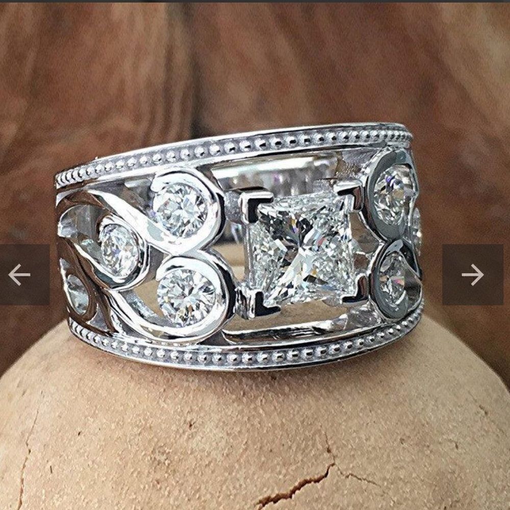 The Art Deco wide band ring in 925 silver and cubic zirconia sz 6